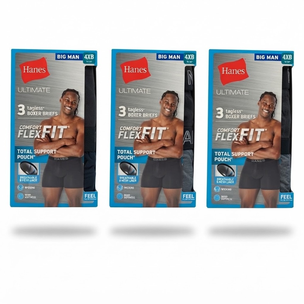 Hanes Boxer Briefs Men 4XB Black Grey New 9-Pack Ultimate Total Support Pouch